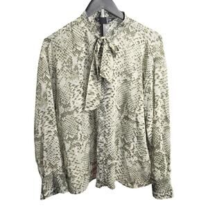 ZARA Women Blouse M Green Snake Print Sheer Button Up Long Sleeve Animal Chiffon